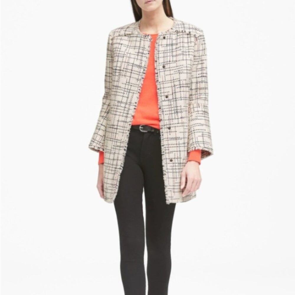 Banana Republic Collarless Italian Tweed Car Coat Alabaster Red Black Medium